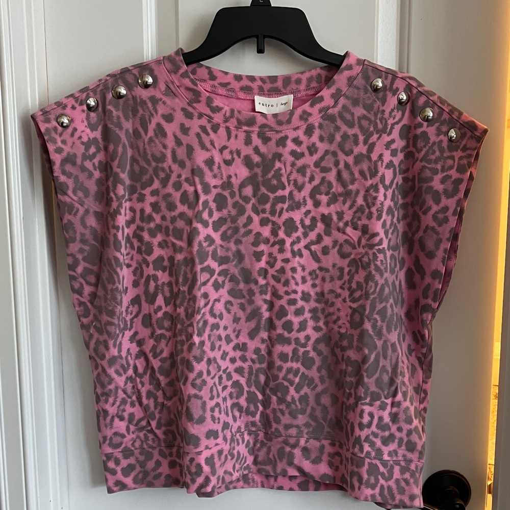 entro Pink and Gray Leopard Print Studded Tee